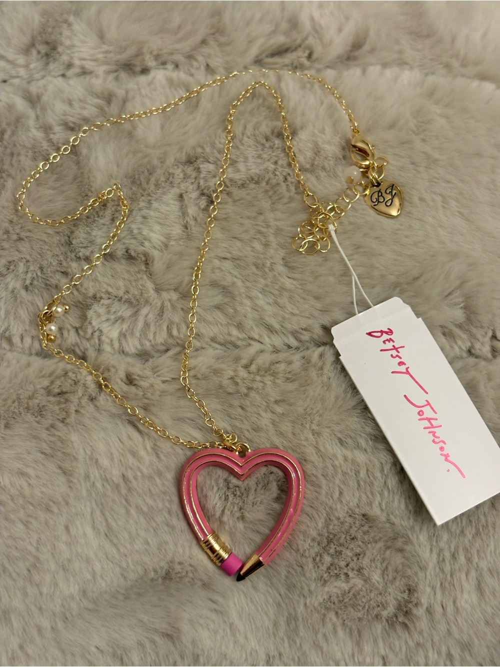 Betsey Johnson Pink Heart Pencil Necklace with Gold Chain